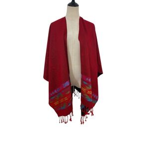 Reversible Southwestern Shawl Wrap Ruana Fringe Edge Red Black Geometric Western
